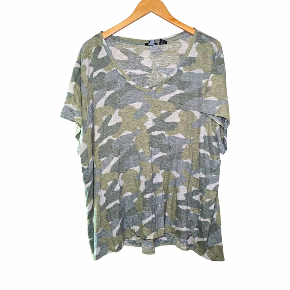 Tahari Womens 3X Camo Linen V Neck Short Sleeve T Shirt Green Camouflage Top